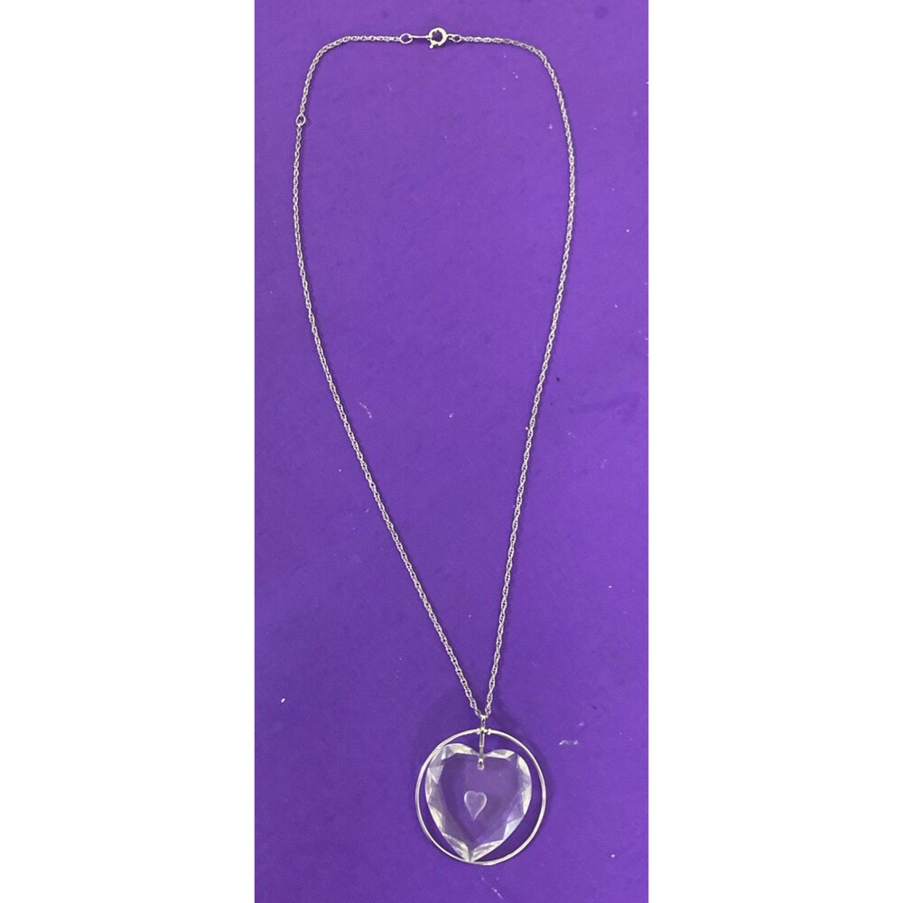 Vintage HALLMARK Silver Tone Faceted Crystal Heart Pendant Necklace 20 in.